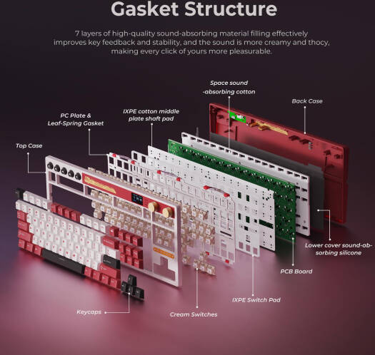 لوحة مفاتيح ألعاب RK Royal Kludge M87، تصميم QWERTY أمريكي، مفتاح بيج، إضاءة RGB، شاشة LCD ذكية مدمجة، خاصية عزل الضوضاء بخمس طبقات، اتصال ثلاثي الأوضاع، بطارية 7500 مللي أمبير/ساعة، أحمر | M87