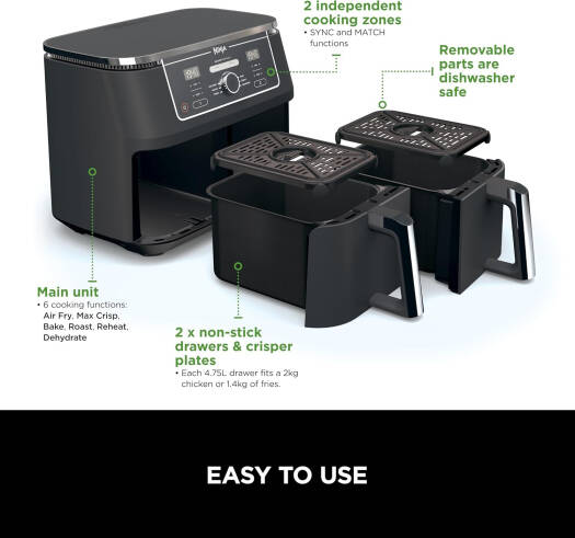 Ninja Foodi MAX Dual Zone Digital Air Fryer, 2 Drawers, 9.5L, 6-in-1, Uses No Oil, Air Fry, Max Crisp, Roast, Bake, Reheat, Dehydrate, 8 Portions, Non-Stick Dishwasher, Safe Baskets, Black | AF400ME