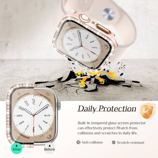 جراب Goton Bling مكون من قطعتين لساعة Apple Watch Series 9 8 7 واقي شاشة مقاس 45 مم، غطاء زجاجي لامع مرصع بأحجار الراين للنساء لملحقات iWatch مقاس 45 مم وردي + وردي