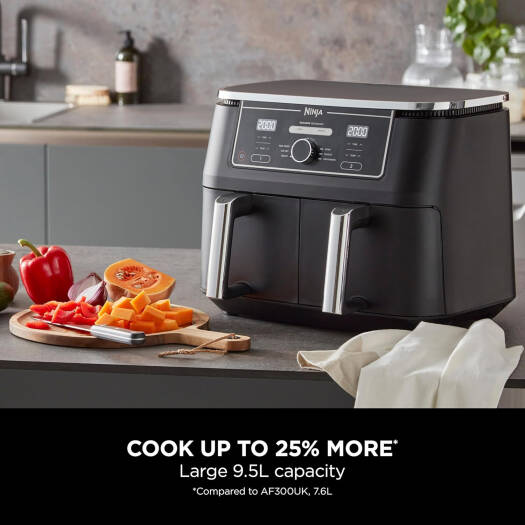 Ninja Foodi MAX Dual Zone Digital Air Fryer, 2 Drawers, 9.5L, 6-in-1, Uses No Oil, Air Fry, Max Crisp, Roast, Bake, Reheat, Dehydrate, 8 Portions, Non-Stick Dishwasher, Safe Baskets, Black | AF400ME