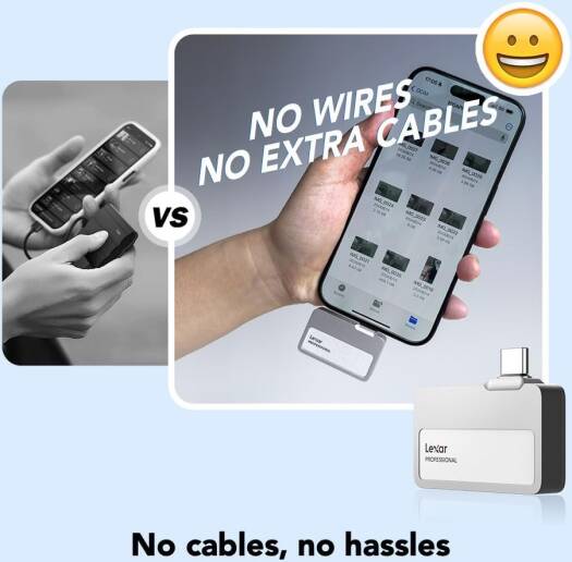 Портативный твердотельный накопитель Lexar Professional Go емкостью 2 ТБ, поддерживает Apple ProRes, скорость чтения до 1050 МБ/с и записи до 1000 МБ/с, USB 3.2 Gen 2, прочный, совместим с iPhone 15 S