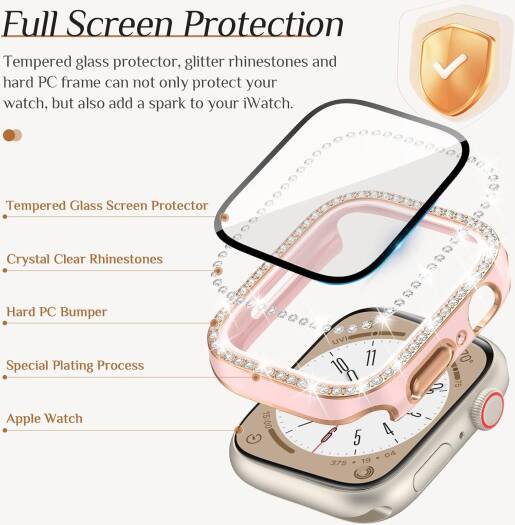 جراب Goton Bling مكون من قطعتين لساعة Apple Watch Series 9 8 7 واقي شاشة مقاس 45 مم، غطاء زجاجي لامع مرصع بأحجار الراين للنساء لملحقات iWatch مقاس 45 مم وردي + وردي