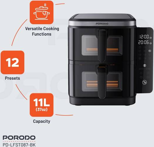 Porodo Lifestyle Double Stack Air Fryer, 2800W Rated Power, Info Display & Touch Panel, 11L Capacity, UK 3-Pin, Up to 60min Timer, 12 Presets - Black