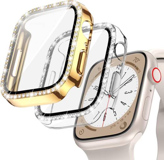 Goton 2-Pack Bling Case для Apple Watch Series 9 8 7 Защитная пленка для экрана 45 мм, Женский блестящий бампер со стразами и бриллиантами, стеклянная крышка для iWatch Accessories 45 мм Прозрачный+зо