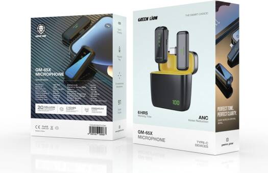 ميكروفون Green Lion SX5 لأجهزة Type-C، توصيل وتشغيل، ميكروفون متعدد الاتجاهات، شاشة رقمية، وقت عمل 6 ساعات، إلغاء الضوضاء النشط، شحن Type-C، نطاق نقل 20 مترًا - أسود