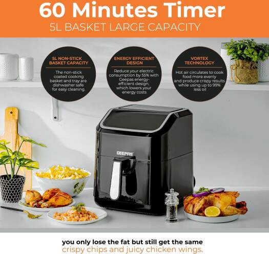 Geepas 5L Digital Air Fryer with Vortex 10-in-1 Convection Air Fryer with LED Touchscreen, 60 Minutes Timer & Non-Stick Basket Oil Free Toaster Oven GAF37527