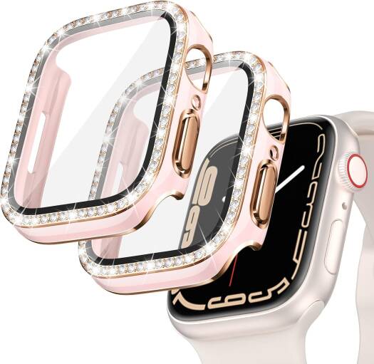 جراب Goton Bling مكون من قطعتين لساعة Apple Watch Series 9 8 7 واقي شاشة مقاس 45 مم، غطاء زجاجي لامع مرصع بأحجار الراين للنساء لملحقات iWatch مقاس 45 مم وردي + وردي