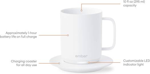 Ember Temperature Control Smart Mug, 14 oz, 1-hr Battery Life, App Controlled Heated Coffee Mug, Smart LED , Auto Sleep, White | CM17