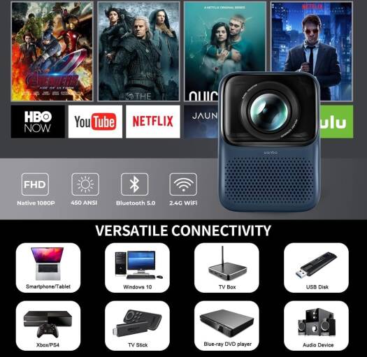 WANBO T2 Max (New) Full HD Portable Projector with WiFi 6, 1080p, Auto Focus, Minimal Design, Small Size,Built-In 6W Stereo Speakers, Built In 16GB Memory, Android 9.0, Blue | T2Max-BL