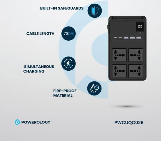 Powerology 4 розетки переменного тока, 2 порта PD 20 Вт/3 порта QC3.0, встроенный кабель USB-C и Lightning Head 70 см, предохранительный выключатель питания, огнестойкий материал, одновременная зарядк