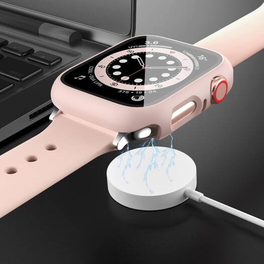 جراب Jzk مكون من قطعتين مع واقي شاشة من الزجاج المقوى لساعة Apple Watch Series 6/5/4/Se مقاس 44 مم، غطاء حماية صلب من البولي كربونات عالي الدقة وغطاء فائق النحافة لساعة Iwatch مقاس 44 مم، وردي + أبيض