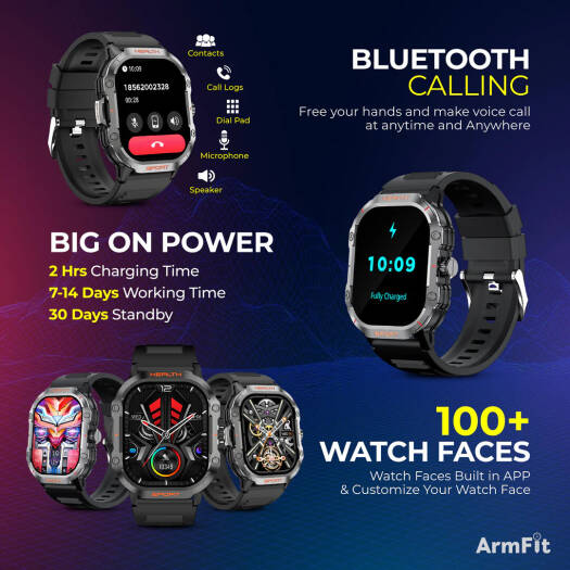 Умные часы ArmFit Hulk2, экран AMOLED 2,01 дюйма, несколько спортивных режимов, звонки по Bluetooth, пользовательские циферблаты, обновления погоды, управление музыкой, класс водонепроницаемости IP68,