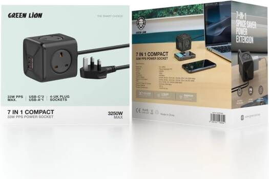 Компактная розетка Green Lion 7 в 1 PPS мощностью 33 Вт, 7 портов (2 USB-C/ 1 USB-A/ 4 вилки UK), огнестойкий ПК, многоуровневая защита, технология GaN, мощность 3250 Вт, напряжение 250 В - черный