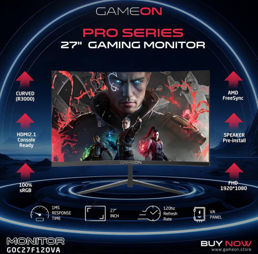 GAMEON GOC27F120VA Pro Series Curved Gaming Monitor, 27" VA Display, FHD Resolution, 120Hz Refresh Rate, 1ms Response Rate, AMD FreeSync Technology, HDMI 2.1, Black | GOC27F120VA