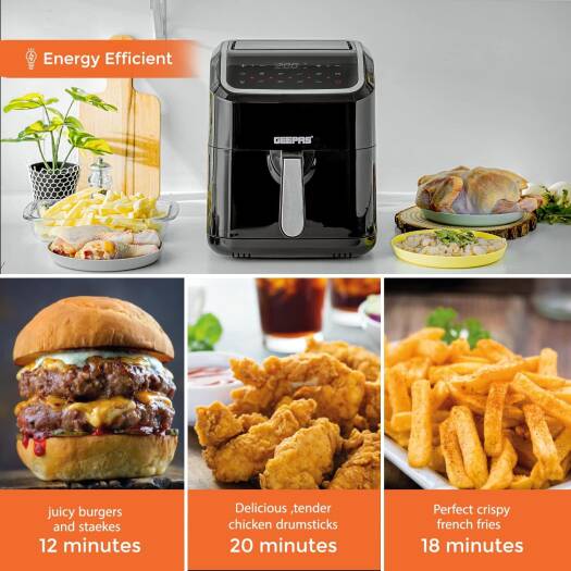 Geepas 5L Digital Air Fryer with Vortex 10-in-1 Convection Air Fryer with LED Touchscreen, 60 Minutes Timer & Non-Stick Basket Oil Free Toaster Oven GAF37527