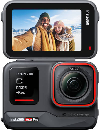 Экшн-камера Insta360 Ace Pro, наклонный сенсорный ЖК-дисплей 2,4 дюйма, матрица изображения 1/1,3 дюйма, разрешение 48 МП, диафрагма f/2,6, фиксированный фокус, широкий угол обзора 151°, водонепроница