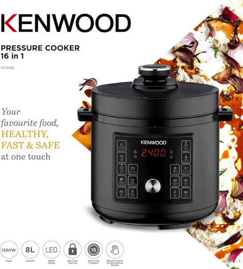 Kenwood Smart Steam Pot Electric Pressure Cooker, 1350W Power, 8 Liters Capacity, LED Digital Display, Safe Cover Opening, 16 Smart Cook Programs, Black | PCM90.000BK
