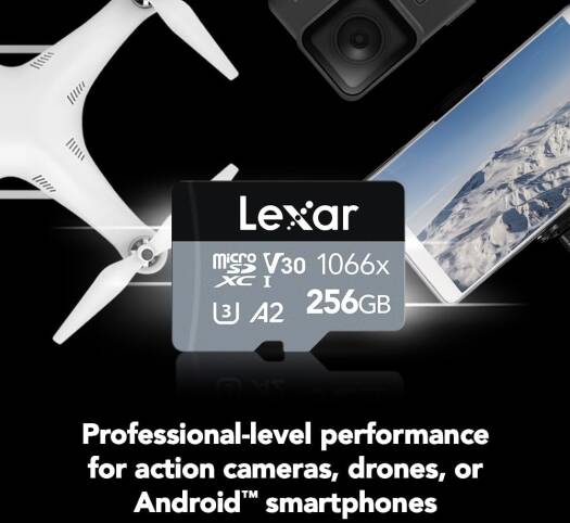 Карта памяти Lexar Professional 256 ГБ 1066x micro SD с адаптером SD, UHS-I, U3, V30, A2, Full HD, 4K, до 160/120 МБ/с, для экшн-камер, дронов, смартфонов, планшетов, Nintendo-Switch (LMS1066256G-BNAN