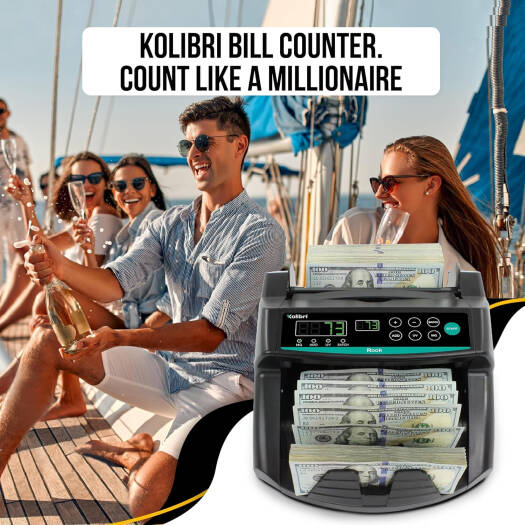عداد النقود KOLIBRI Rook مع كشف التزييف بالأشعة فوق البنفسجية/MG، أوضاع العد والإضافة والدفعة، 1400 ورقة نقدية في الدقيقة، عداد النقود السريع بالدولار الأمريكي مع شاشة LED مزدوجة، أسود | ب-روك