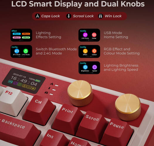 لوحة مفاتيح ألعاب RK Royal Kludge M87، تصميم QWERTY أمريكي، مفتاح بيج، إضاءة RGB، شاشة LCD ذكية مدمجة، خاصية عزل الضوضاء بخمس طبقات، اتصال ثلاثي الأوضاع، بطارية 7500 مللي أمبير/ساعة، أحمر | M87