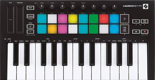 Novation Launchkey Mini MK3 25 Mini-Key MIDI Keyboard ، 8 مقابض تحكم وشريطين لمس ، مخرج MIDI مقاس 3.5 مم ، دواسة مستدامة 1/4 بوصة ، Mac ، Win iOS Comp ، أسود | Launchkey Mini MK3