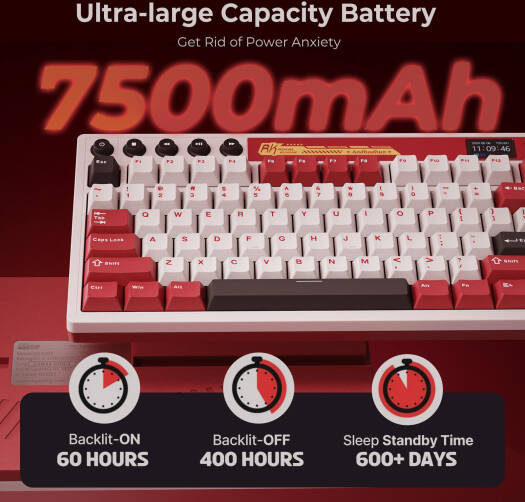 لوحة مفاتيح ألعاب RK Royal Kludge M87، تصميم QWERTY أمريكي، مفتاح بيج، إضاءة RGB، شاشة LCD ذكية مدمجة، خاصية عزل الضوضاء بخمس طبقات، اتصال ثلاثي الأوضاع، بطارية 7500 مللي أمبير/ساعة، أحمر | M87