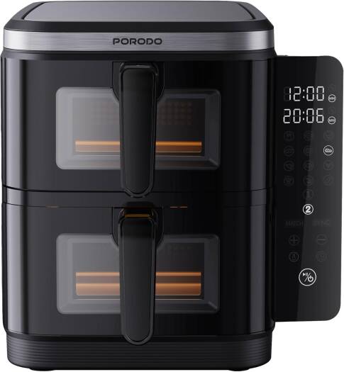 Porodo Lifestyle Double Stack Air Fryer, 2800W Rated Power, Info Display & Touch Panel, 11L Capacity, UK 3-Pin, Up to 60min Timer, 12 Presets - Black